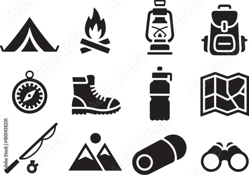 Essential camping gear icons for outdoor adventure