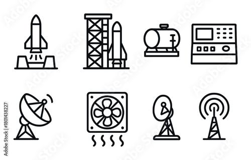Rocket launch and communication equipment icons on dark background
