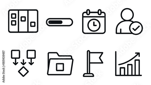 Minimalistic project management icons on black background