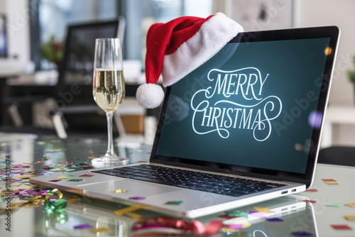 An office laptop with the words 