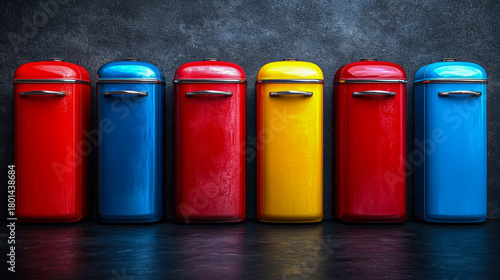Vibrant row of six retro-inspired, colorful metal bins in red, blue, and yellow, perfectly aligned against dark, textured background, creating visually striking display of vintage design and bold prim