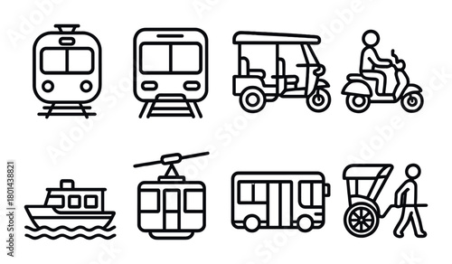 Simple icon set of various transportation modes on black background
