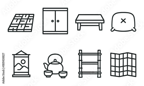 Minimalist icons of traditional japanese interior elements