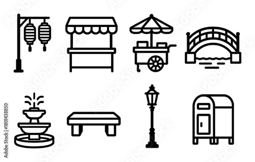 Street market icons set: lanterns, stalls, cart, bridge, fountain, bench, lamp, mailbox