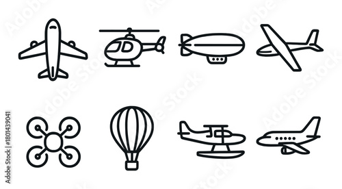 Silhouette icons of various aircraft types on black background