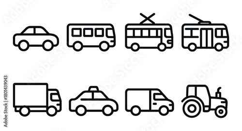 Set of eight black vehicle icons on dark background