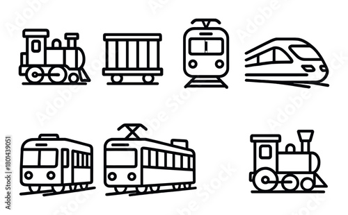Vector icons of trains with locomotive, freight, and high-speed rail designs