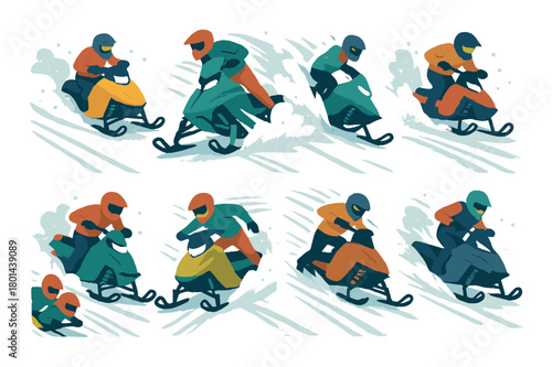 Dynamic snowmobile race with four male riders in colorful gear