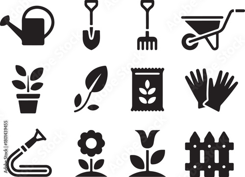 Gardening icons for spring planting and landscaping