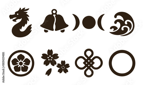 Mystical symbols on wood background: dragon, bells, moon phases, waves, floral patterns