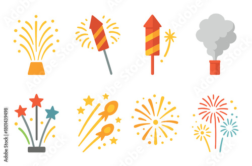 Colorful fireworks and pyrotechnic elements on gradient background