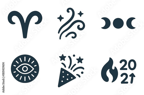 Celestial symbols and zodiac icons set on dark background