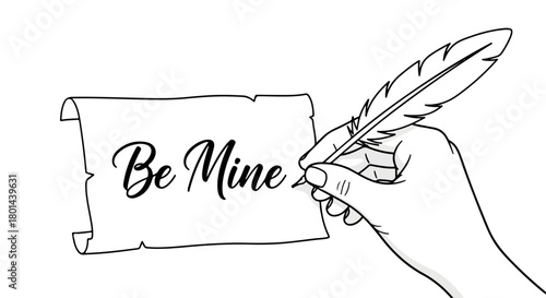 Hand writing 'Be Mine' on parchment with feather