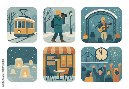 Winter urban scenes: tram, male photographer, guitar performance, snowy igloos, cafe, new year countdown