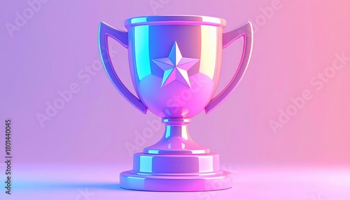 A digital render of a trophy with a star, illuminated with vibrant neon lighting