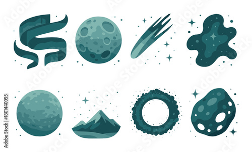 Abstract cosmic elements including planets, asteroids, and space forms