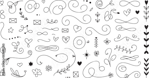 Hearts, swirls, floral accents, and envelope icon set against a transparent backdrop