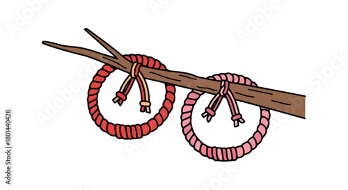 Rope knots tied to branches with transparent background