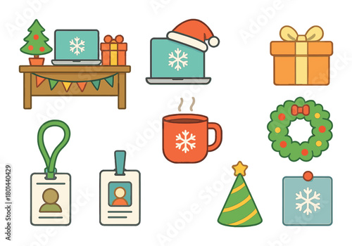 Colorful christmas office desk with laptops gifts and decorations