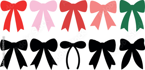 Assorted festive bows in red, pink, green, and black are arranged in two rows