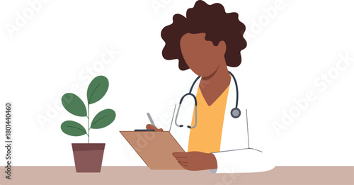 An African American woman doctor is taking notes with a plant beside her