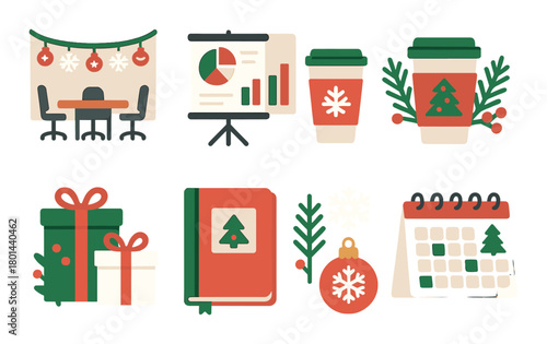 Festive holiday office elements with christmas decorations and gifts