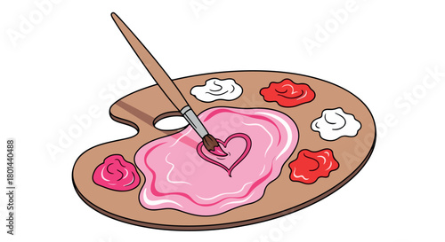 Palette with paint and brush, heart shape