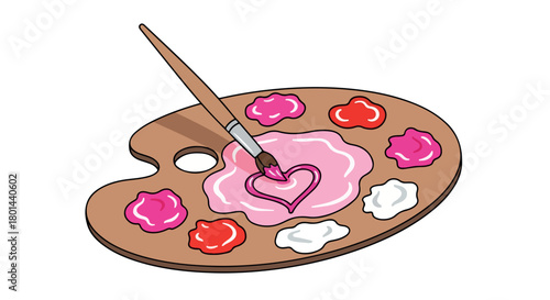 Palette with paint and brush, heart shape