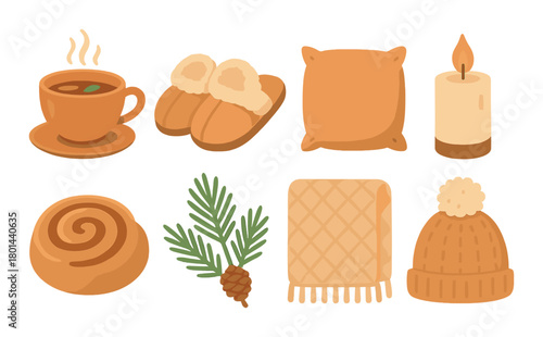 Cozy winter essentials: coffee, slippers, candle, cinnamon roll, pine branch, blanket, hat