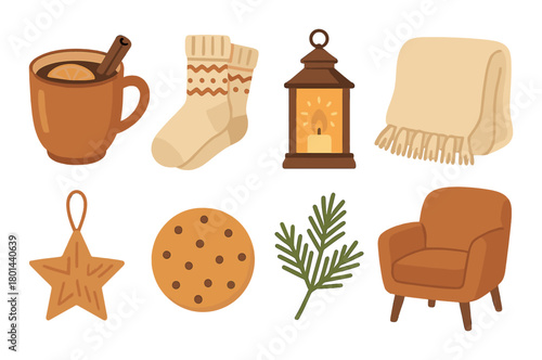 Cozy autumn set with mug, socks, lantern, blanket, star, cookie, pine branch, and chair