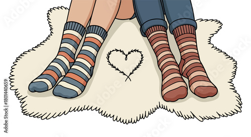 Couple's feet on rug with heart shape