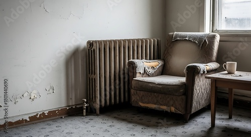 An old, worn armchair next to a cast iron radiator in a dirty abandoned room with peeling paint and a broken window. Concept of decay and poverty.