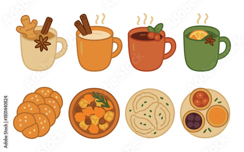 Illustration of warm beverages and hearty dishes with spices and herbs
