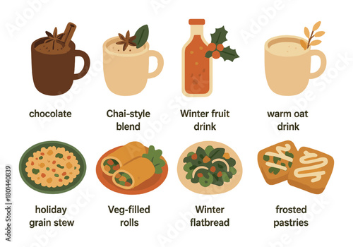 Delicious winter beverages and festive foods collection