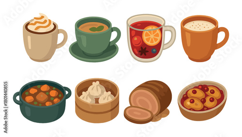 Diverse hot beverages and hearty foods illustration