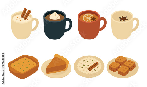 Warm beverages and desserts illustration featuring coffee, pie, and cinnamon details