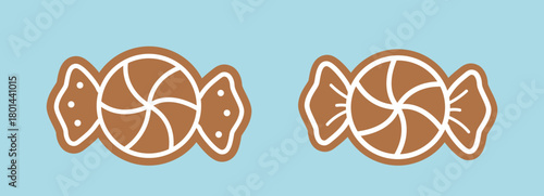 Brown and white candy-shaped gingerbread cookies clipart set.
Winter Christmas party cookies.
Flat vector illustration.
