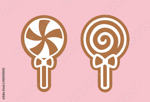 Brown and white lollipop-shaped gingerbread cookie clipart set.
Winter Christmas party cookies.
Flat vector illustration.