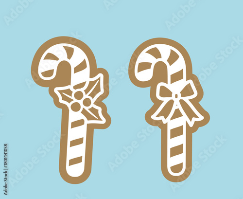 Brown and white candy cane shaped gingerbread cookie clipart set.
Winter Christmas party cookies.
Flat vector illustration.