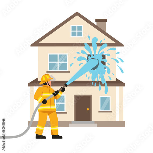 Firefighter spraying water from a hose onto a two-story residential house in a flat illustration style.