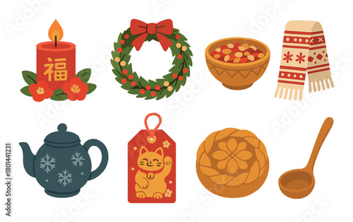 Festive symbols of fortune and warmth in a holiday celebration