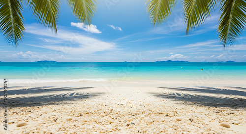 Tranquil tropical landscape. Relaxing paradise island beach sunlight blue sea sky palm leaves. White sand closeup on perfect summer vacation outdoors. Tropical Beach Vacation / Paradise Island