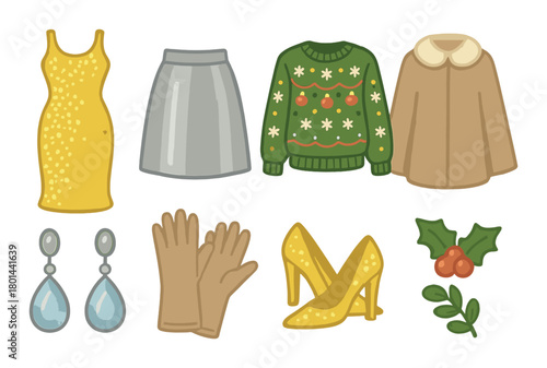 Festive clothing and accessories: dress, skirt, sweater, coat, earrings, gloves, heels, holly