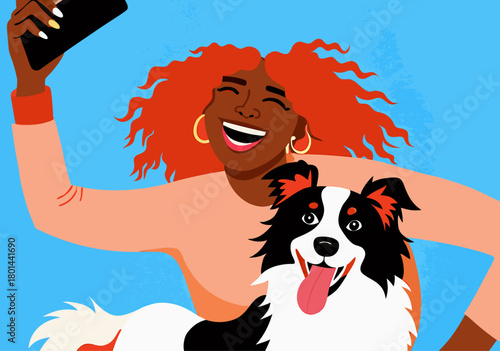 Joyful Woman Captures Selfie with Adorable Dog on Blue Background
