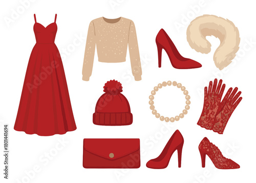 Elegant red fashion accessories and apparel set with stylish dress and heels