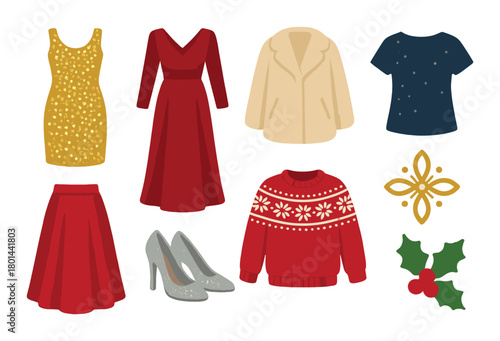 Festive fashion collection with dresses shoes sweater and holiday accessories