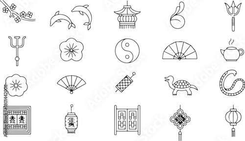 Black outlined images of Chinese blossom, dolphin, lantern, yin yang, fan, and teapot
