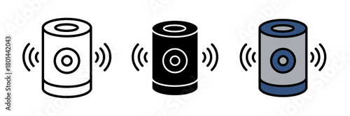 Smart speaker icon, usually depicted as a small cylindrical or rectangular device with sound waves, a microphone symbol.