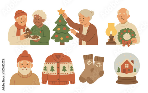Elderly caucasian christmas scene with decor, sweets, and holiday sweater