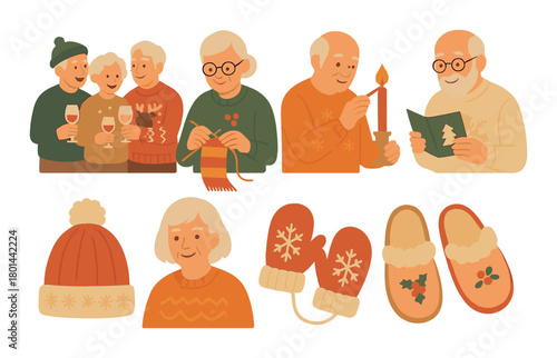 Elderly caucasian adults celebrating winter holidays with wine, knitting, candles, and cozy accessories